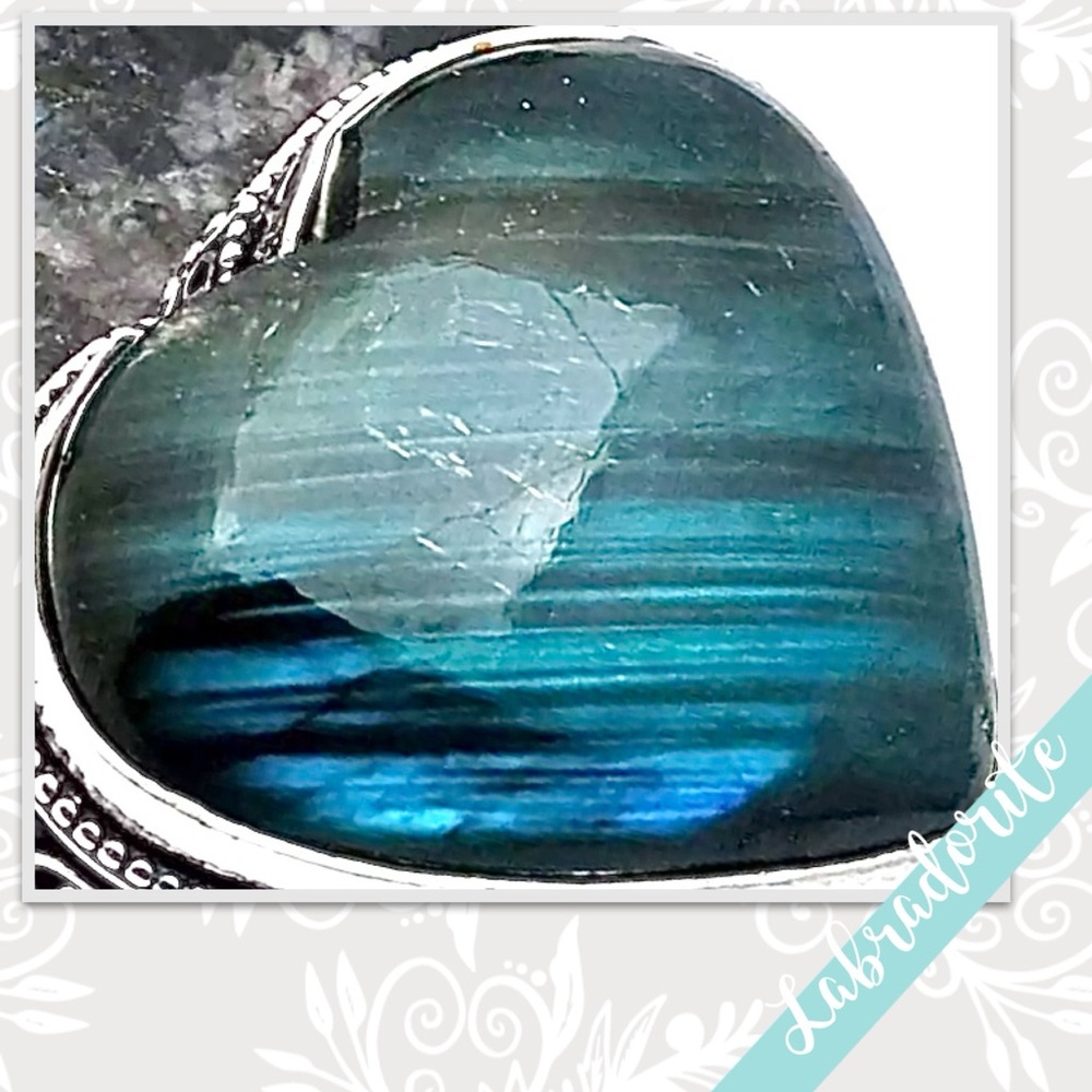 Labradorite Eclectic Silver Artisan Heart Ring, Size 6.25 (Blue, Teal flash) - Picture 2 of 2